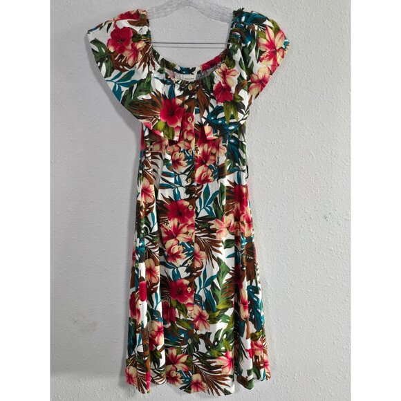 NWOT Pleione Tropical Midi Dress Womens Button Linen Off Shoulder Floral Sz XS - Picture 1 of 8